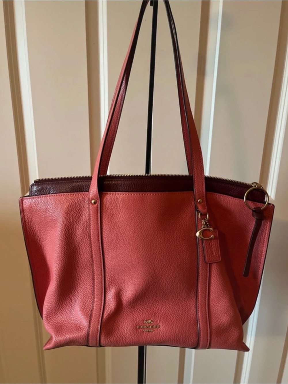Coach Pebble Leather Tote in Coral with Dark Trim